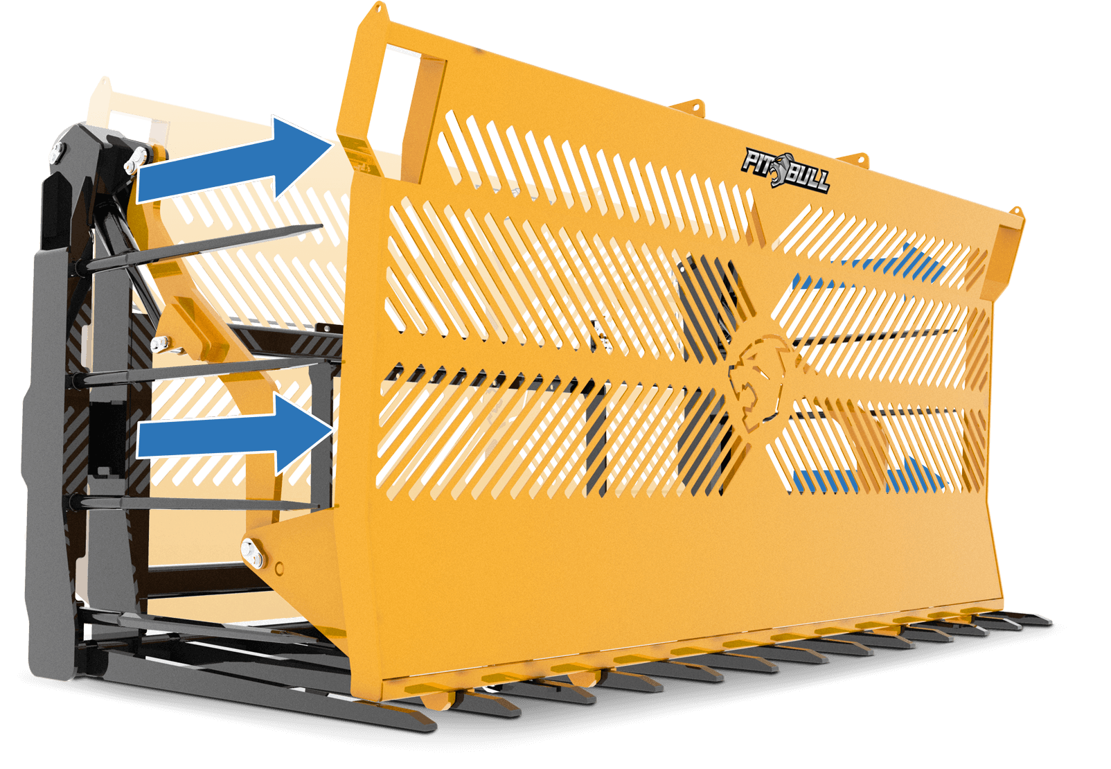 A studio image of the Pitbull Rake with the yellow push plate fully extended. There is a ghosted image of the push plate in its original position with blue arrows showing the full range of movement.